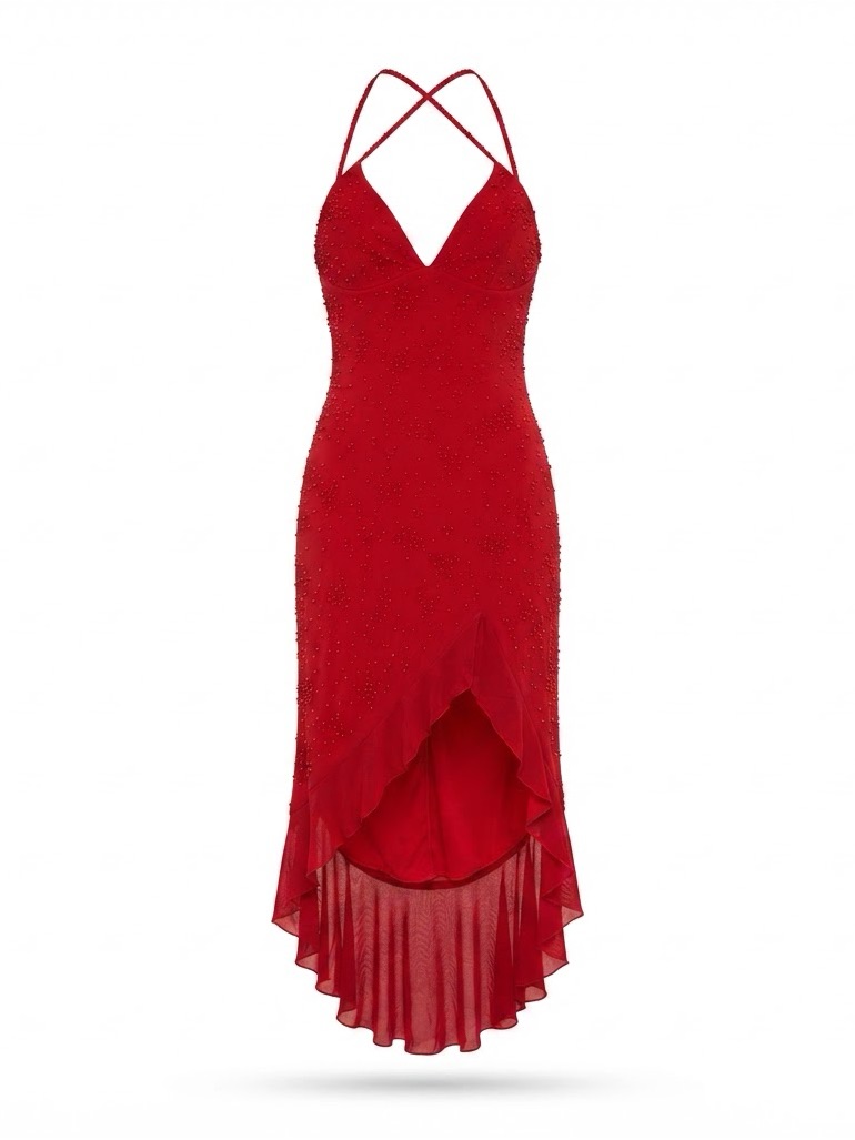 Masquerade Red Beaded High-Low V-Neck Dress